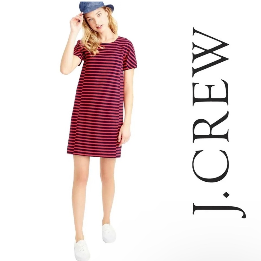 J. Crew Women's Red Fiery Sunset‎ Blue Striped Shirt Short Sleeve Stretchy Dress